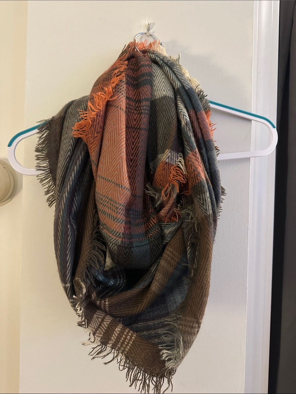 Cozy Plaid Fringe Infinity Scarf in Brown, Coastal Blue & Rust